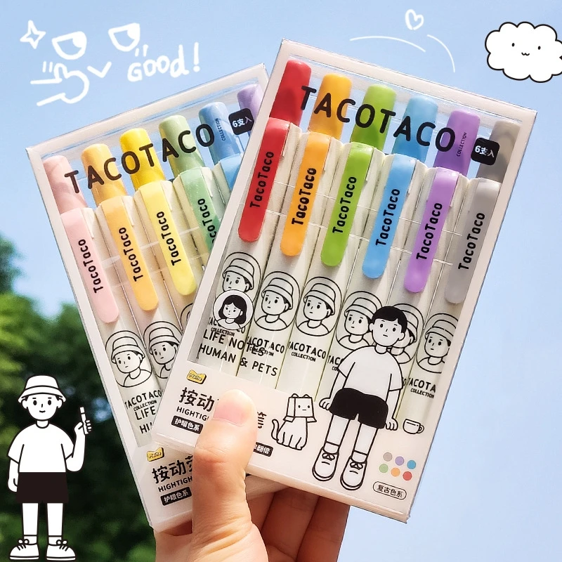 6pcs Taco Color Highlighter Pens Set Cartoon Knock Type Art Marker for Drawing Painting F7592