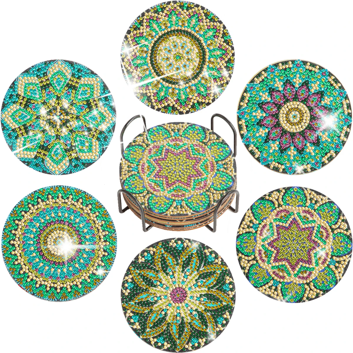 6pc/Sets Diamond Painting Coasters 5D DIY Round Diamond Mosaic Mandala Cup Coasters with Holder