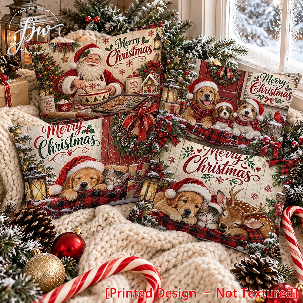 4pc Christmas Vintage Farmhouse Throw Pillow Covers, Cute Santa Puppy Kitten Deer Xmas Decorative Cushion Cases for Sofa Couch
