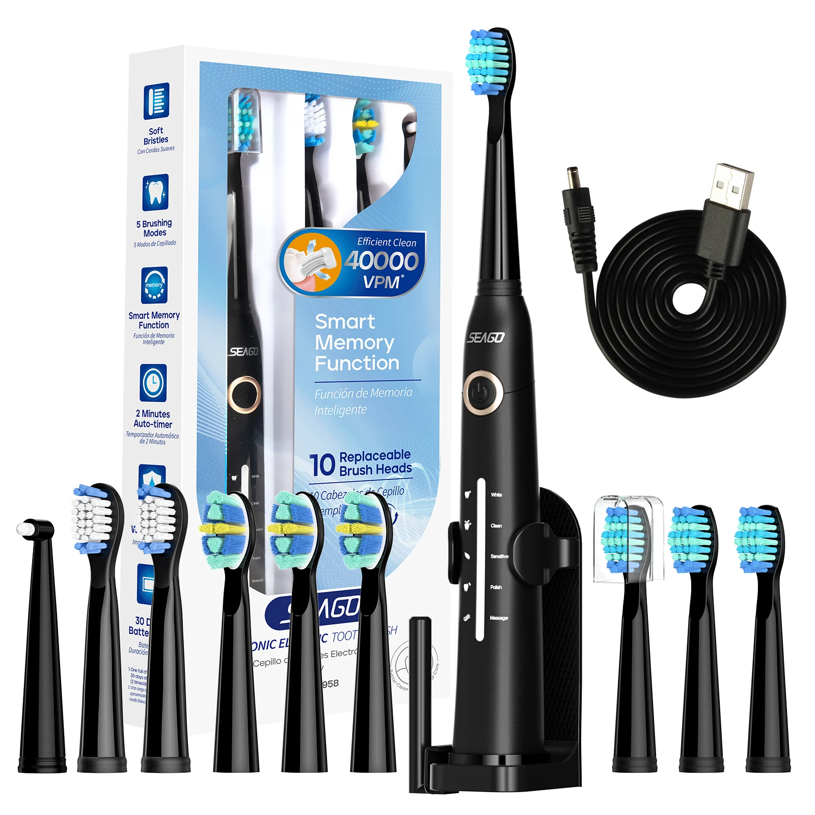 Seago Electric Toothbrush for 7+Years Children Sonic Toothbrush with 10 Replaceable Toothbrush Heads and Holder Rechargeable