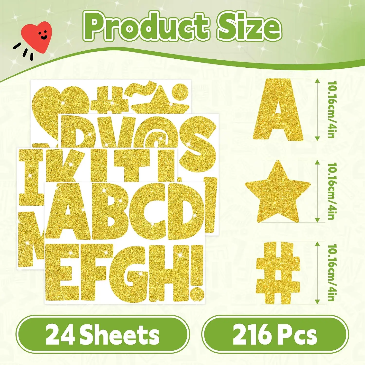 216Pcs 4 Inch Gold Glitter Bulletin Board Letters, 24 Sheets Self‑Adhesive Large Alphabet Stickers for Poster, Mailbox