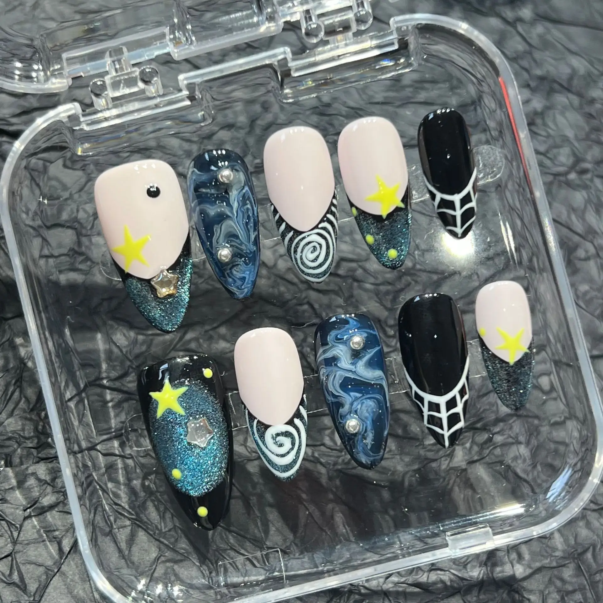 

10pcs Handmade Press on Nails Hand-painted Blue Planet Fake Nail Tips Ins Black French Almond False Nail Tips for Girl Wearable