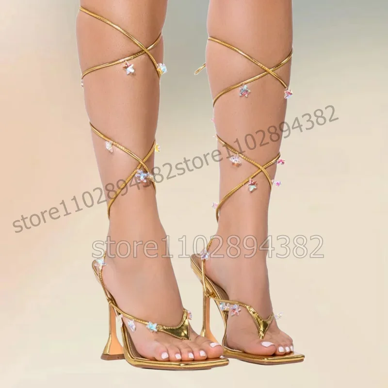 

Crystal Star Design Gold Flip Flop Twine Sandals Lace Up Women Shoes Strange Style Heels Fashion Party 2023 Zapatos Para Mujere