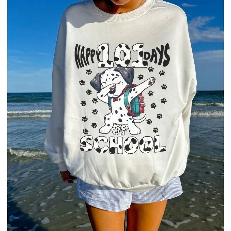 

"Happy 101 Days of School" Dalmatian Print Oversized Sweatshirt Women Cotton Loose Harajuku Y2k Round Neck Pullover