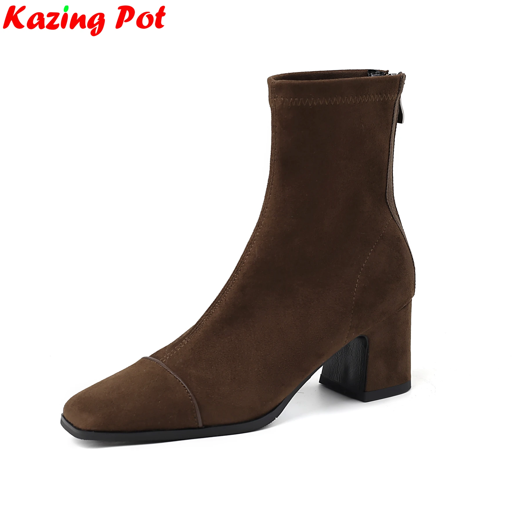 

Krazing Pot Plus Size 34-42 Flock Square Toe High Heels Stretch Boots Warm Winter Shoes Retro Dating Stretch Modern Ankle Boots