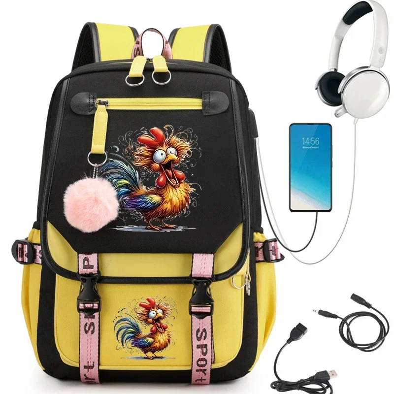 Women's Backpack Fashion Watercolor Chicken Student Computer Backpack Usb Charging School Bags Teenager Travel Bookbag Book Bags