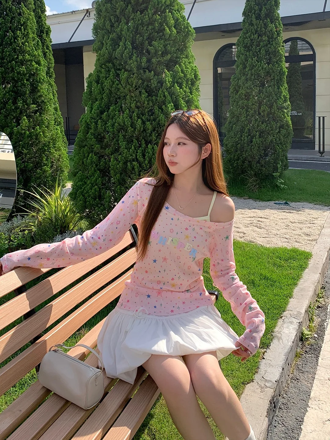 Summer New Style Women's Pure Desire Long Sleeve Shoulder Bared Sun Protection Shirt Two Piece Set Korean System Star Print S...