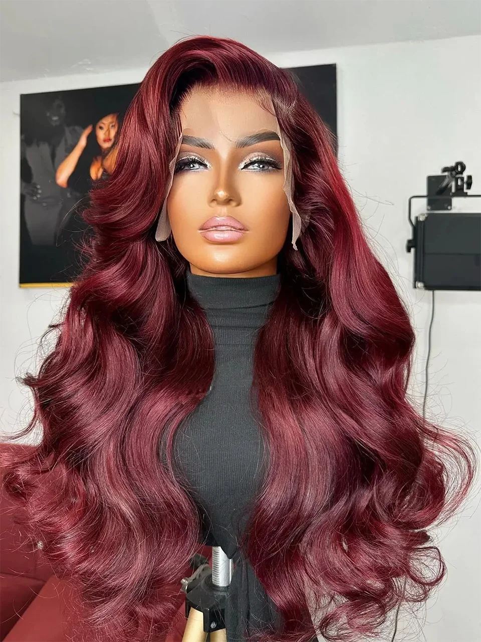 Peruca Glueless Lace Frontal Body Wave, Cabelo brasileiro pré-arrancado, 99j escuro, Vermelho Ombre, Perucas de cabelo humano dianteiro 13x6 Lace Front