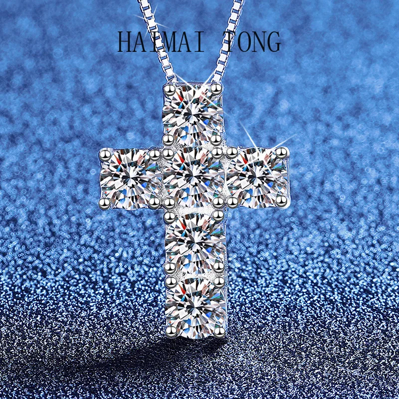 

HAIMAITONG PT950 Platinum 3-carat cross necklace set with mozzarella diamonds, personalized high-end clavicle chain moissanite n