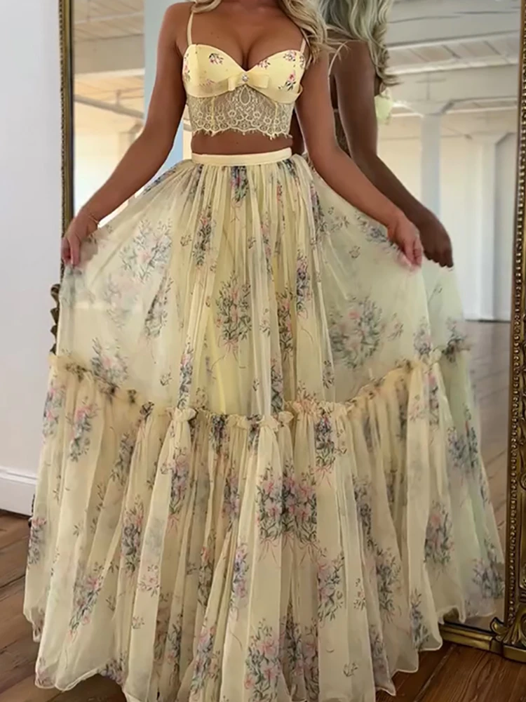 

Women's Spaghetti Strap Bandage Backless Short Top with Elastic Waist Maxi Skirt Two-Piece Set Summer Holiday Print Outfit 2026