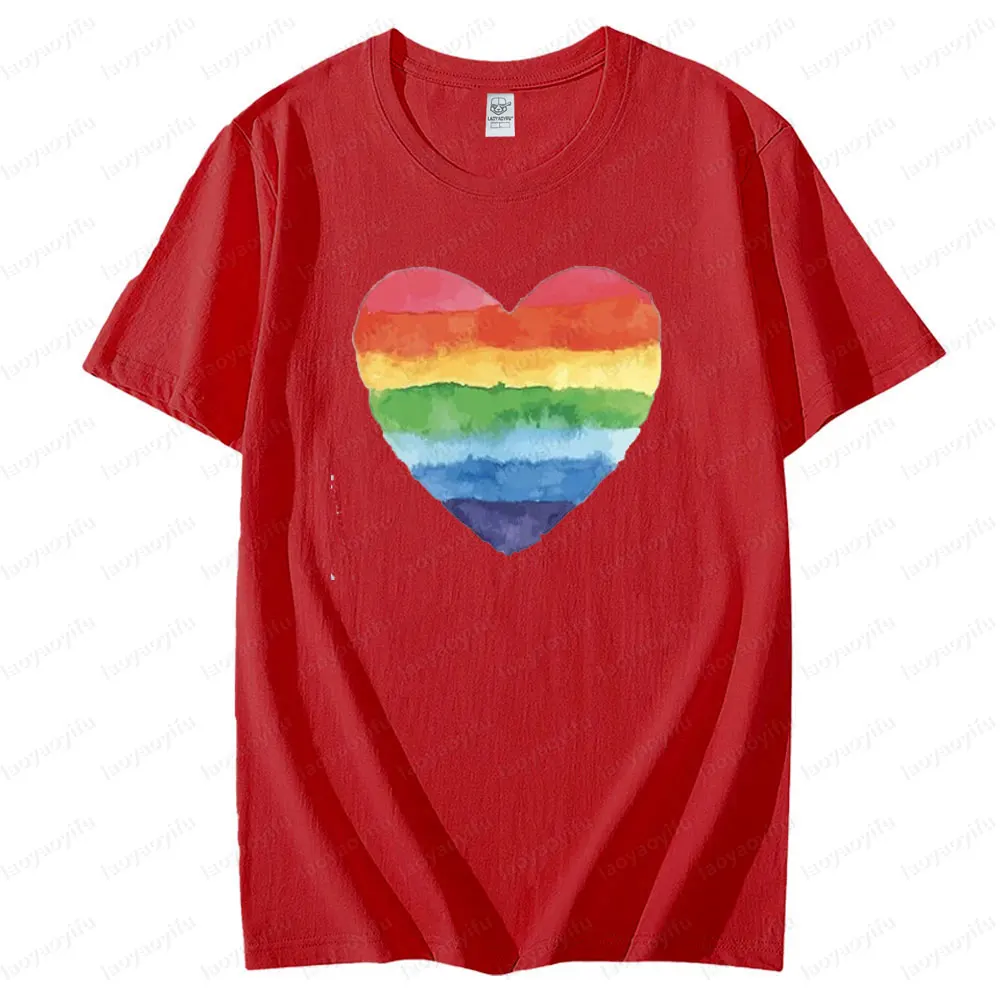 Watercolor Rainbow LGBTQ Heart Graphic Printed Tshirt Pride Month Unisex Tee Tops Women Summer Crewneck Cotton Short Sleeve