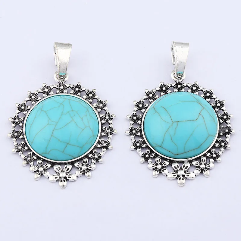 1 x Large Imitation Turquoises Stone Boho Tibetan Silver With Flower Pattern Charms Pendants For Necklace Making Accessories