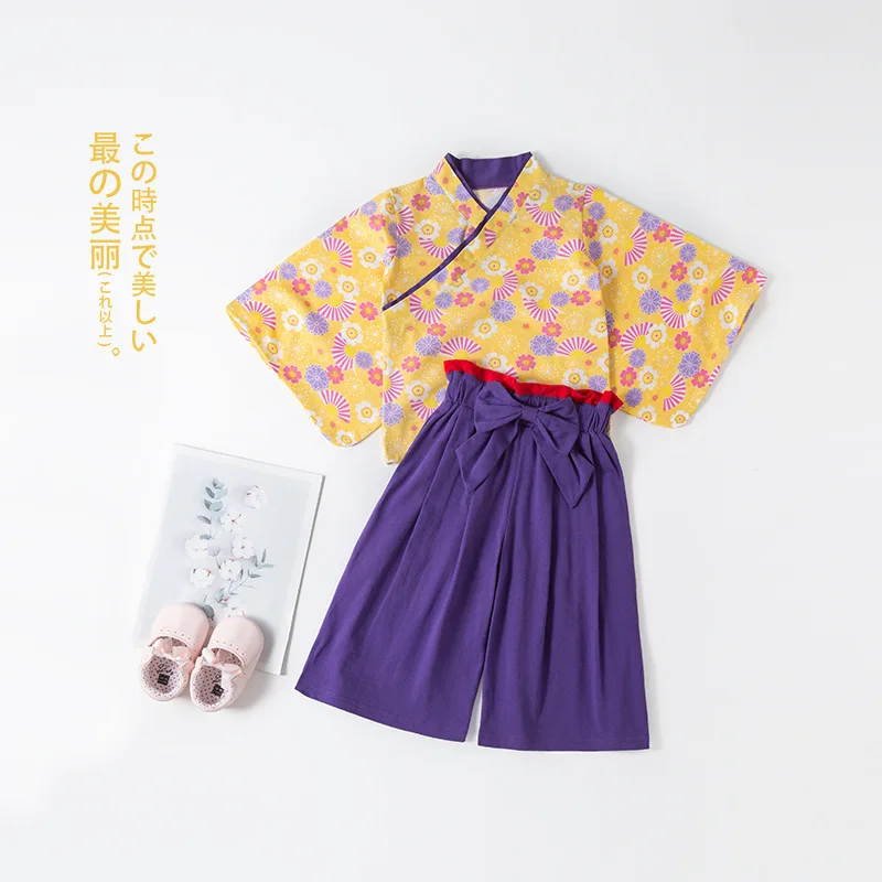 Japanese Kids Kimono Set Girl Autumn Long Sleeve Traditional Yukata Outfit 2 Piece Pants Set Festival Homewear Harajuku Outwear
