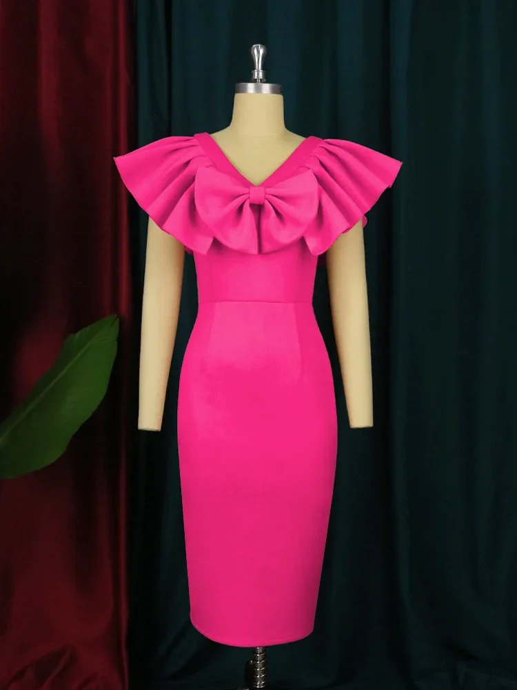 Personalizado gracioso cetim em linha reta 3d arco babados vestido de noite temperamento com decote em v volta fenda na altura do joelho vestidos de celebridades