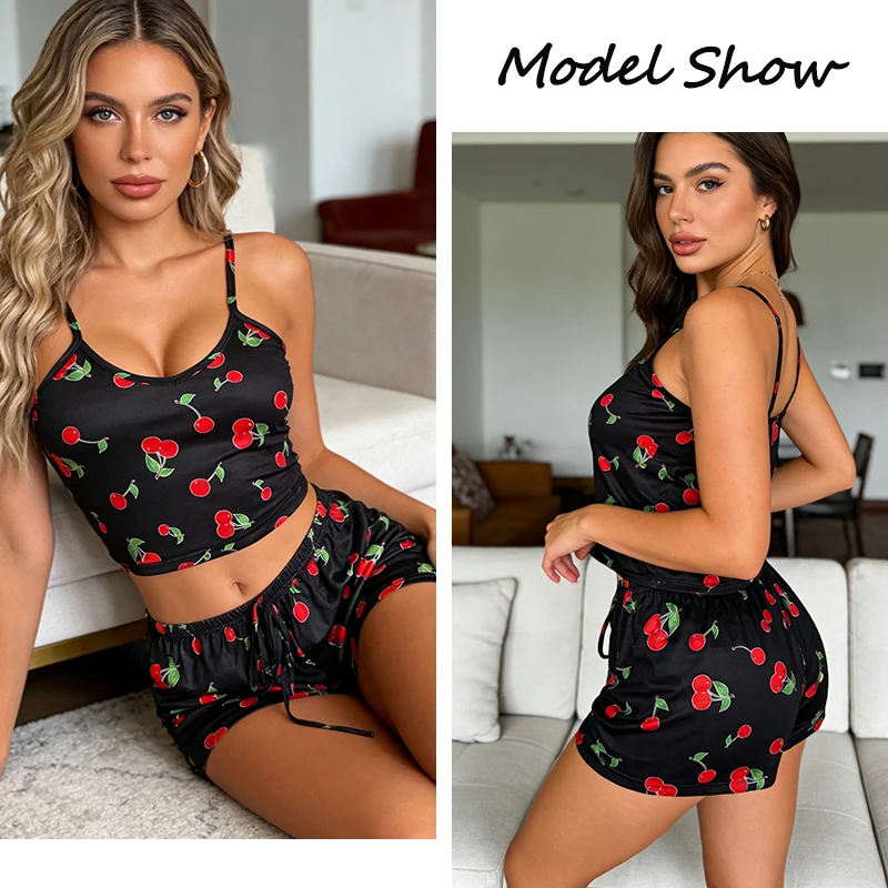 2Pcs/SET Women Casual Pajama Ladies Sexy Sleepwear Print Round Neck Top T-Shirt and Shorts Sets Breathable Comfortable Home Wear 3