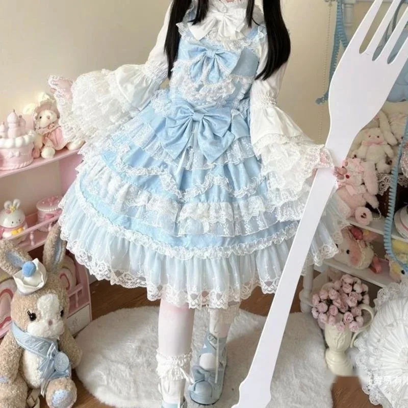 Bow Gothic Dresses Y2K Lolita JK Women Suspender Ruffle Edge Dress Twin Black Red Blue Dark A-line Long Sleeved Suspender Dress