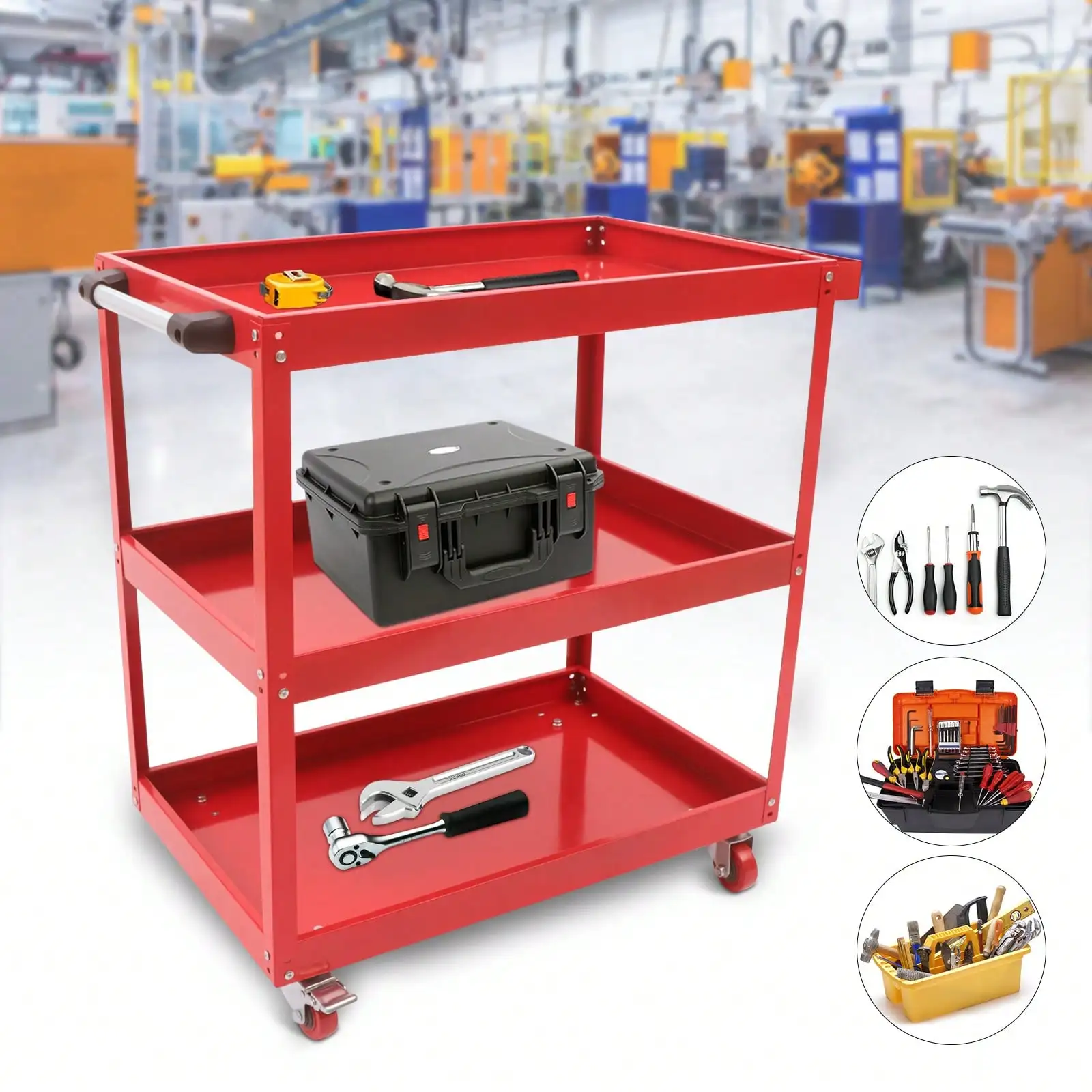 Rolling Tool Cart 3 Tier Red Industrial Service Cart With Wheels Tool Organizer For Garage&Warehouse&Repair Shop