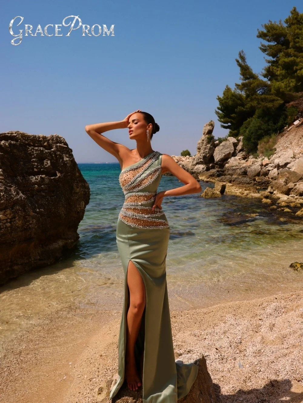 فستان سهرة مثير بكتف واحد رشيق مطرز بالكريستال ثوب مسائي ساحر على شكل حرف a بطول الأرض للحفلات حسب الطلب