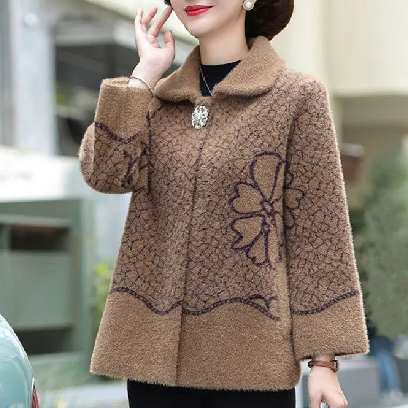 

High-quality Mink Velvet Jacket Female 2025Autumn Winter New Middle-aged Elderly Knitwear Cardigan Women Casual Sweater Coat Top