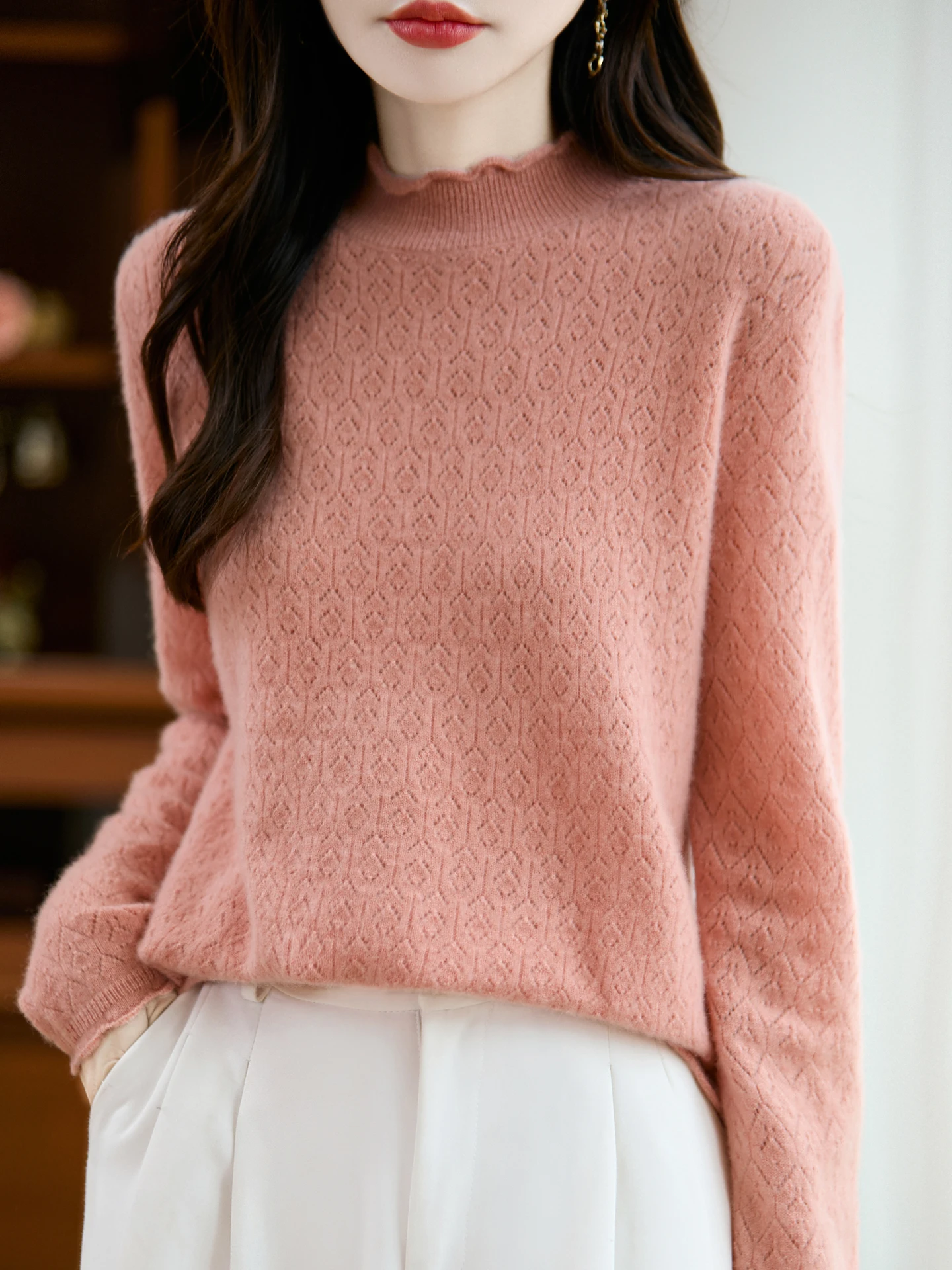 

Женский пуловер TLOML из 100% мериносовой шерсти с воротником-стойкой, оборками и ажурными вставками, осенне-зимний, кашемировый, вязаный, мягкий, теплый, базовый топ