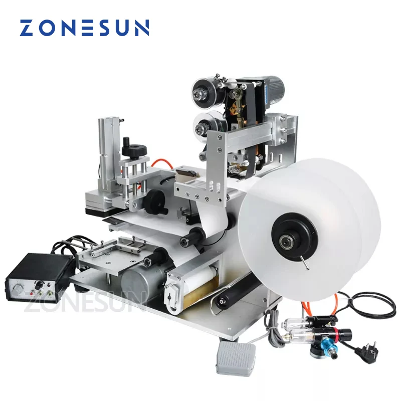 

ZONESUN LT-60D Tabletop Semi Automatic Round Bottle Labeling Machine Adhesive Sticker Glass Jar Plastic Flat Labeling Machine