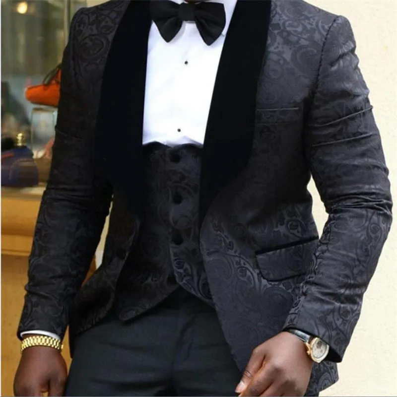 

Custom Made Men Suit Slim Fit Terno 3 Pieces (Jacket +Pant +Vest) Peaked Black Shawl Lapel Costume Homme Slim Fit Wedding Dress