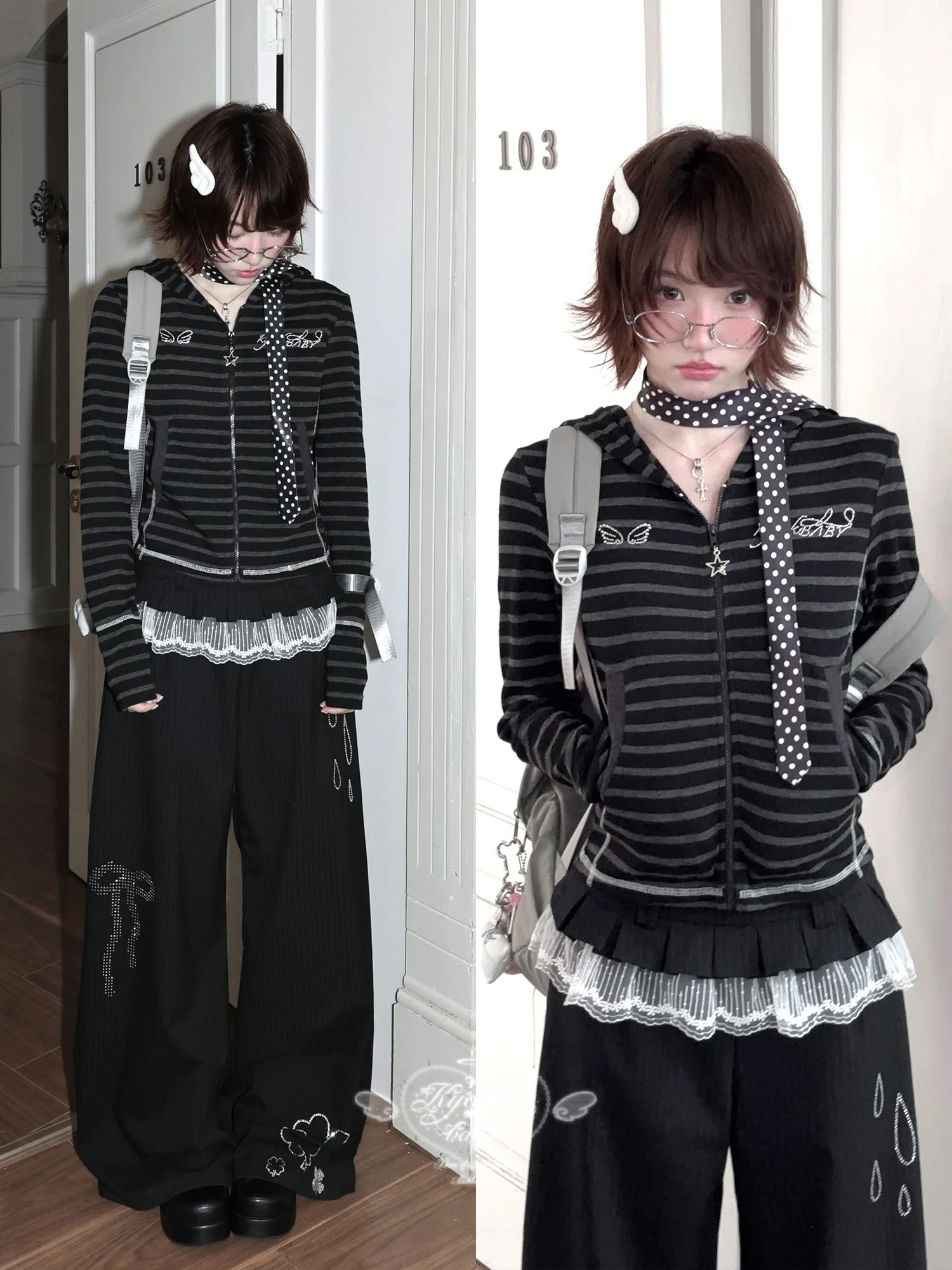 

Пальто Kyoukobaby Millennium Sle с длинными рукавами и стразами, оригинальный дизайн, в полоску, повседневное, приталенное, женская верхняя одежда