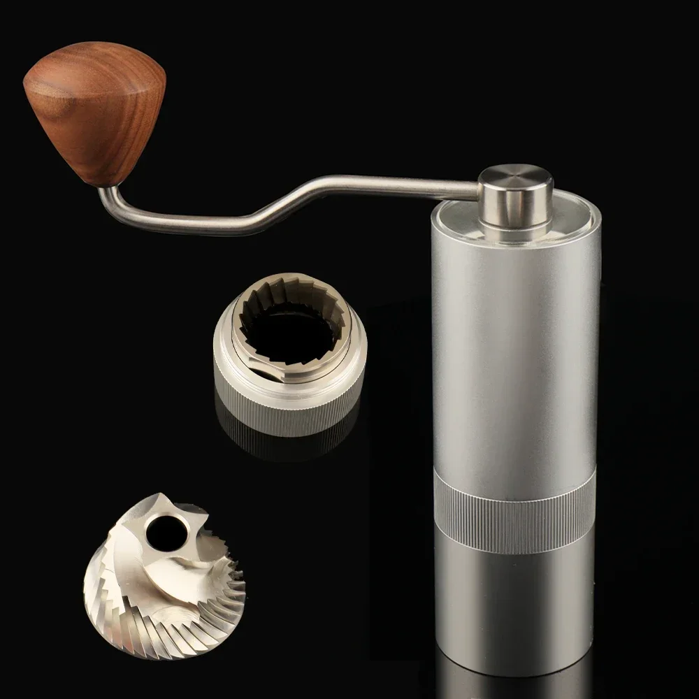 

Silver Mini Hand Held Stainless Steel Conical Burr Coffee Grinders Portable Manual Coffee Grinder Wood Knob For Sale