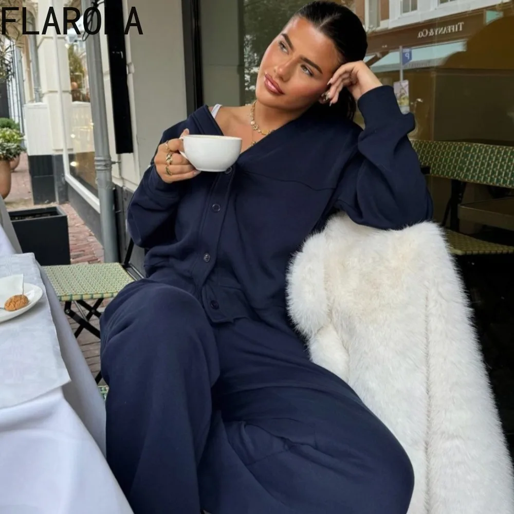 

FLARORA осенние повседневные спортивные комплекты из двух предметов, женские однотонные однобортные куртки с v-образным вырезом и брюки на шнурке, уличные спортивные костюмы