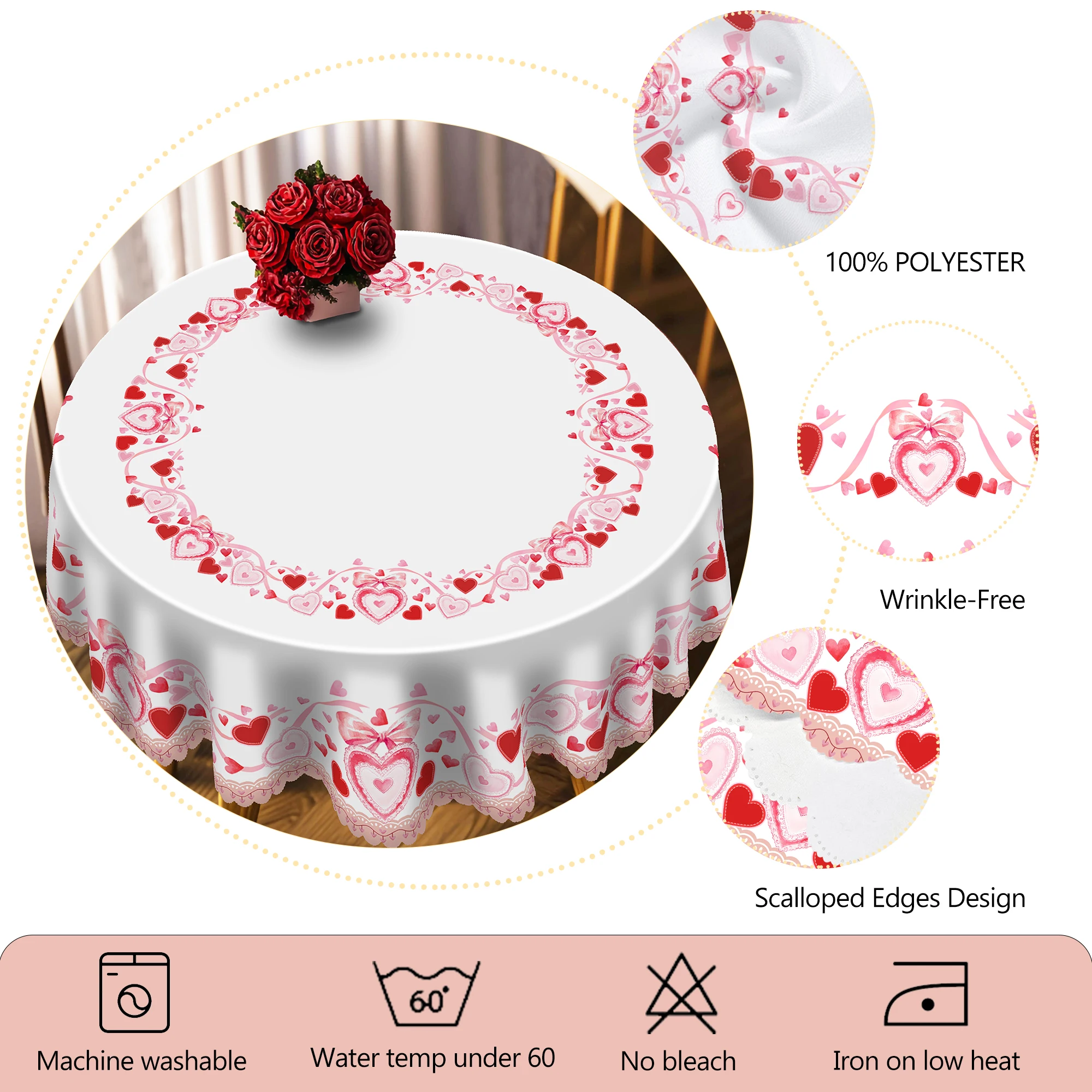 1 Piece Valentine\'s Day Round Tablecloth, 5 Sizes, Spring Romantic Heart-Shaped Printed Square Tablecloth, Edge Embossing Process, Wedding