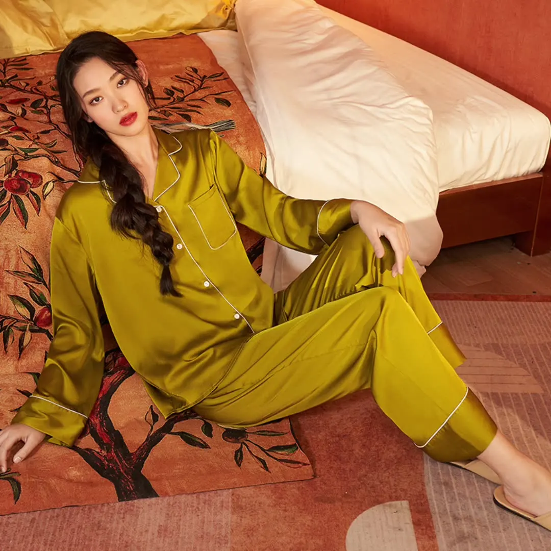 

Women's Pajamas Set Satin Chiffon Sleepwear Pyjamas Long Sleeves Trousers Home Clothes 2 piece Sets Retro Ladies Pijama