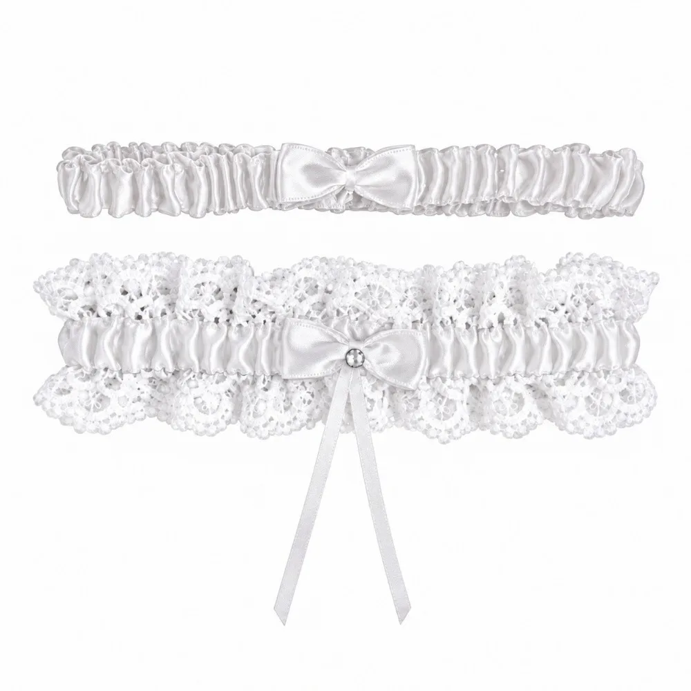 Sexy Lace Bow Garter Belt Silky Smooth Satin Elastic Thigh Bands Ruffled Adjustable Strap Leg Rings Set for Women