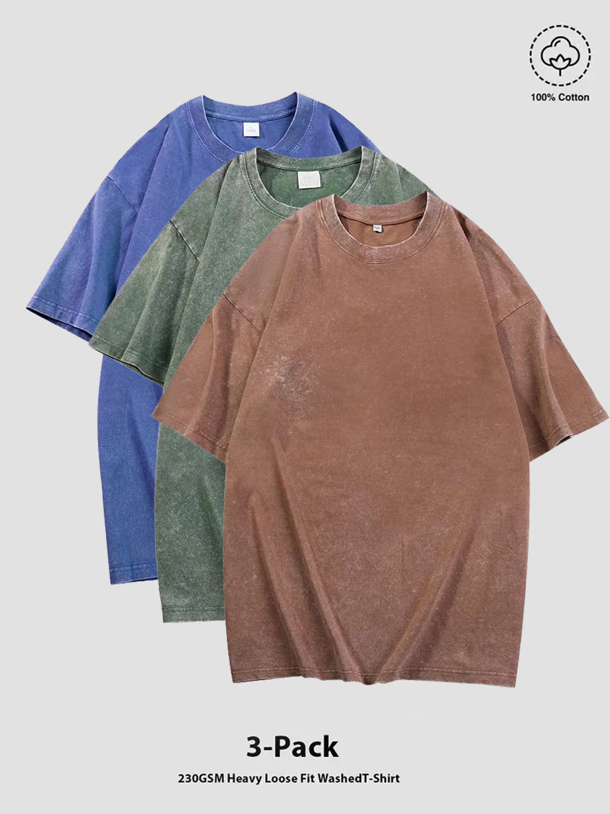 

3-Piece Set 100% Cotton Loose-fit Retro Washed Top (Sports & Casual T-shirt) Suitable as gifts for various festivals