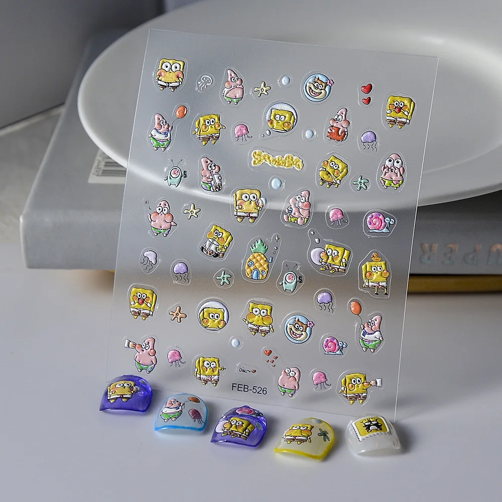 

New Spongebob Squarepants Anime Cartoon Kawaii Cute Personality Nail Decoration Accessories Adhesive Back 5D Nail Stickers