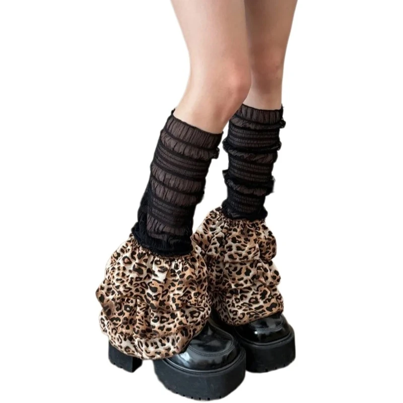 Women Mesh Ruched Leg Warmer Cover Vintage Leopard Tiered Spliced Flared Socks