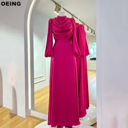 OEING Fuchsia Simple Prom Dresses Elegant Long Sleeve Pleated Muslim Evening Dress Formal Occasion Gowns Vestidos De Novia