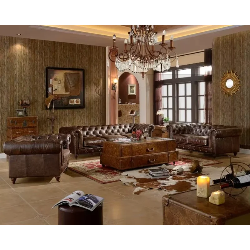 

Modern Luxury Living Room Furniture Set Top Textured Cow Genuine Leather 3 2 1 Reclining Chair Combination Sofa Wooden Frame