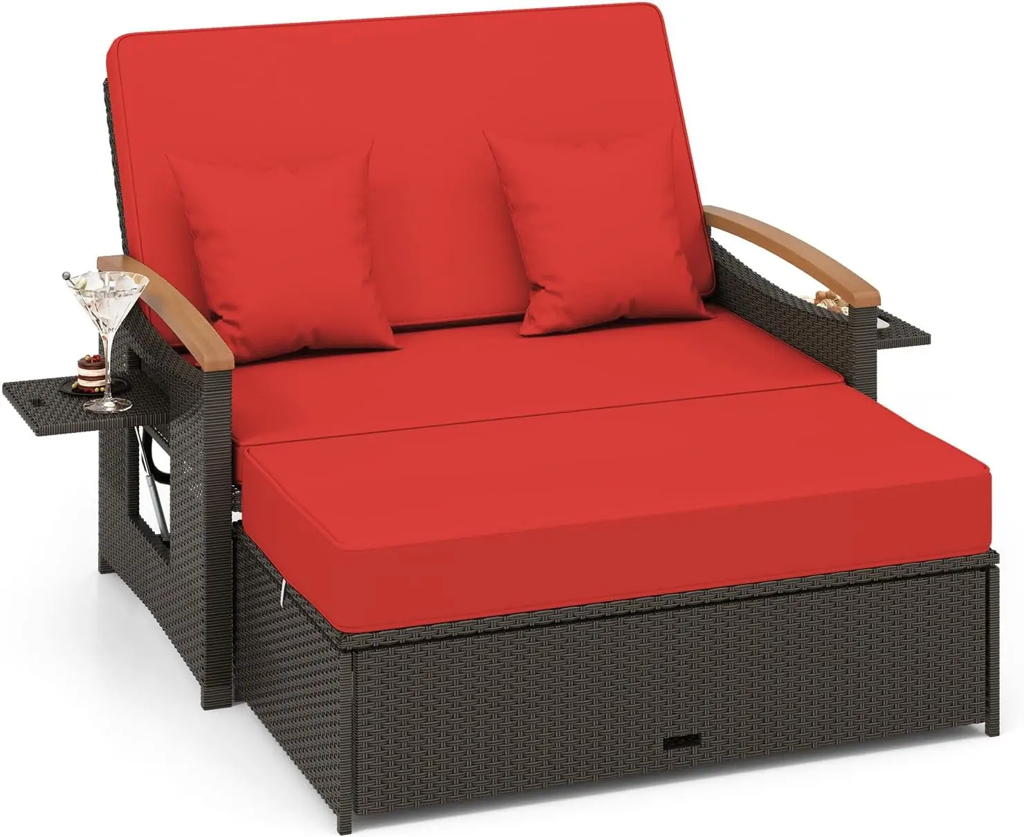 

Outdoor Wicker Sofa Daybed, Rattan Loveseat with Folding Panels & Storage Ottoman, Adjustable Backrest, Cozy Cushions, S