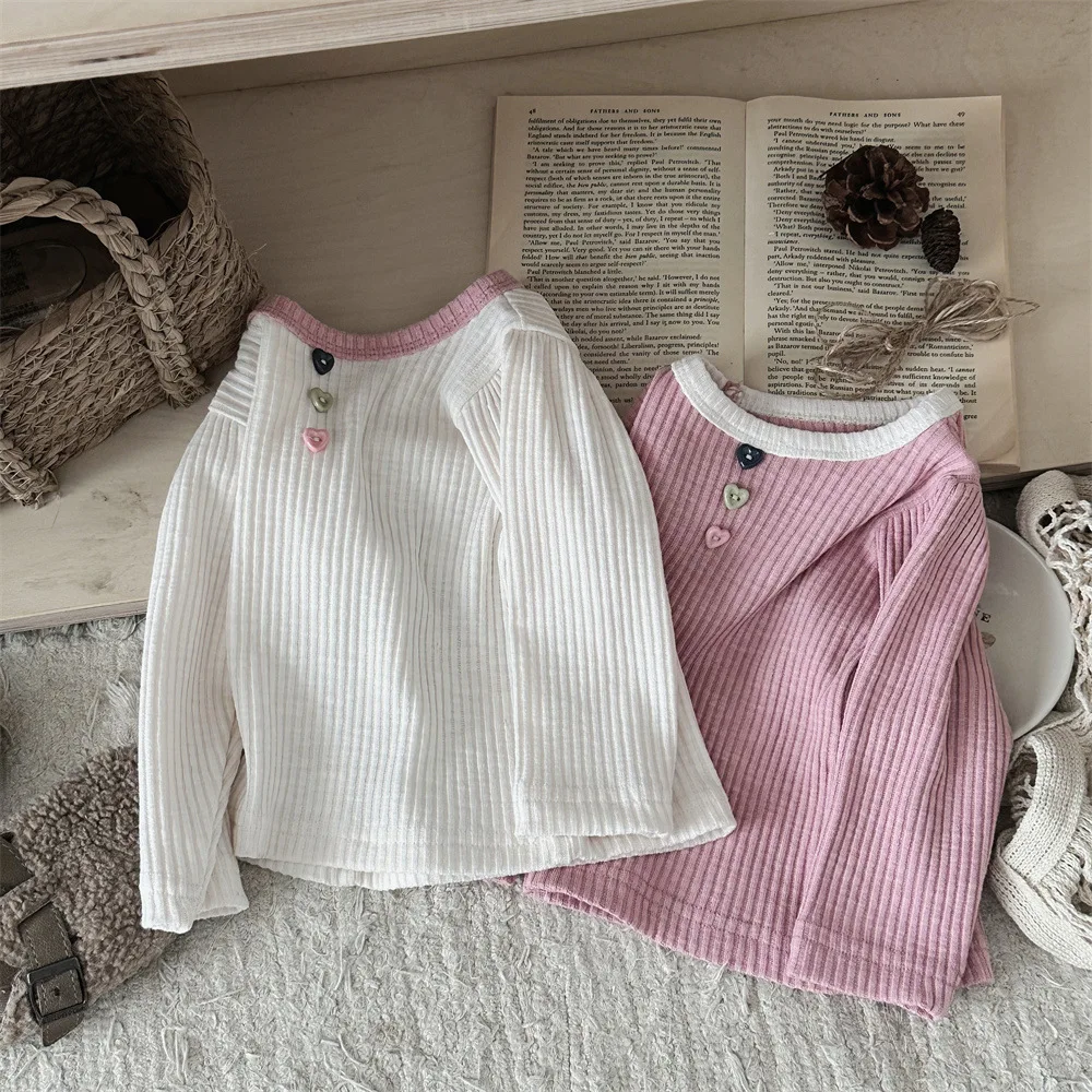 Baby Clothing 2024 Spring and Autumn Solid Color Strip Long Sleeve T Shirt Casual Simple Sweet Girls Fashionable Button Top