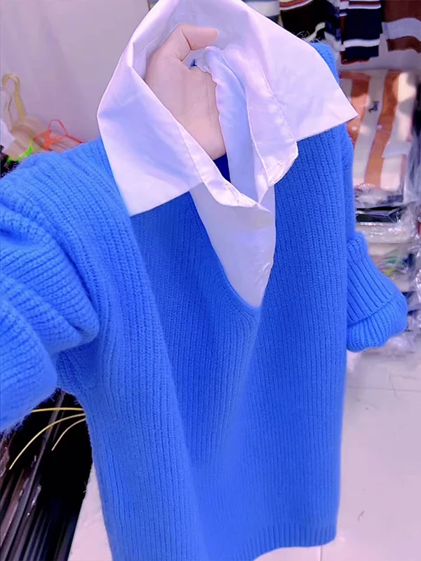 

Корейский вязаный свитер большого размера для женщин, осенне-зимний, с длинными рукавами, имитация двухслойности, стройнящий топ