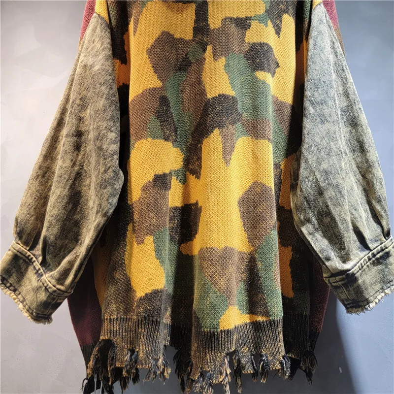 WTHT Vintage Fashion Women's Print Design Knit Spliced Denim Irregular Hoodies 2025 Long Sleeves Jacket Female 1LS2213