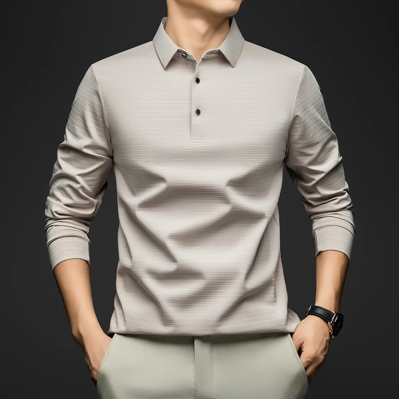 

BROWON 2025 Spring Autumn New Graphic T Shirts Men Long Sleeve Jacquard Design Lapel Collar Solid Color Work T Shirt Men