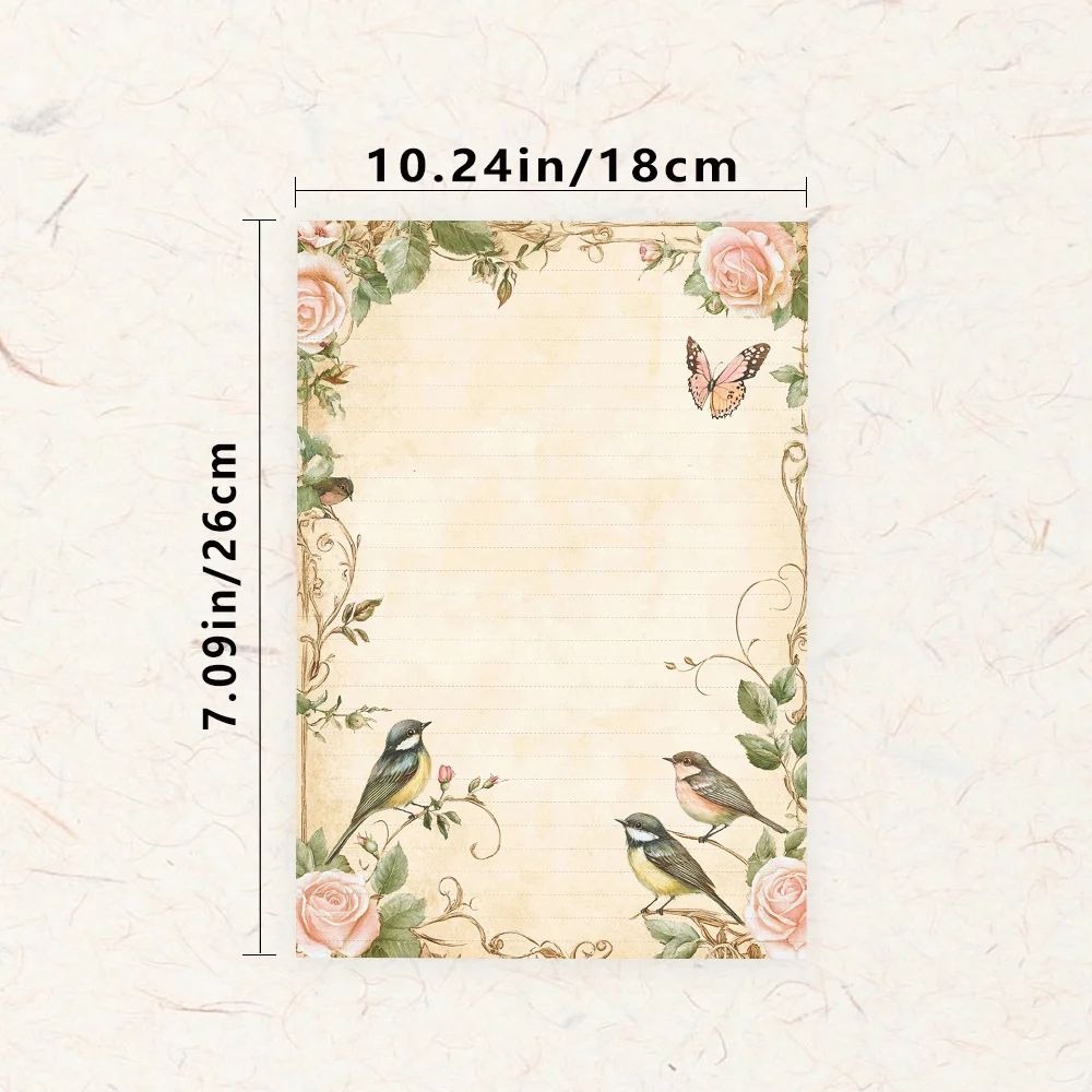 30 Sheets, B5 Vintage Bird And Flower Themed Writing Paper, Lined, No Glue, Very Suitable For Notebooks, Memos, And Stickers