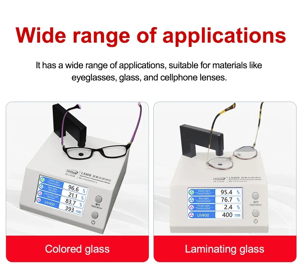 Linshang Spectrum Transmission Meter LS108 430nm Blue Light 395nm Purple Light VLT and UV400 Anti-blue Glasses 1mm Test Aperture