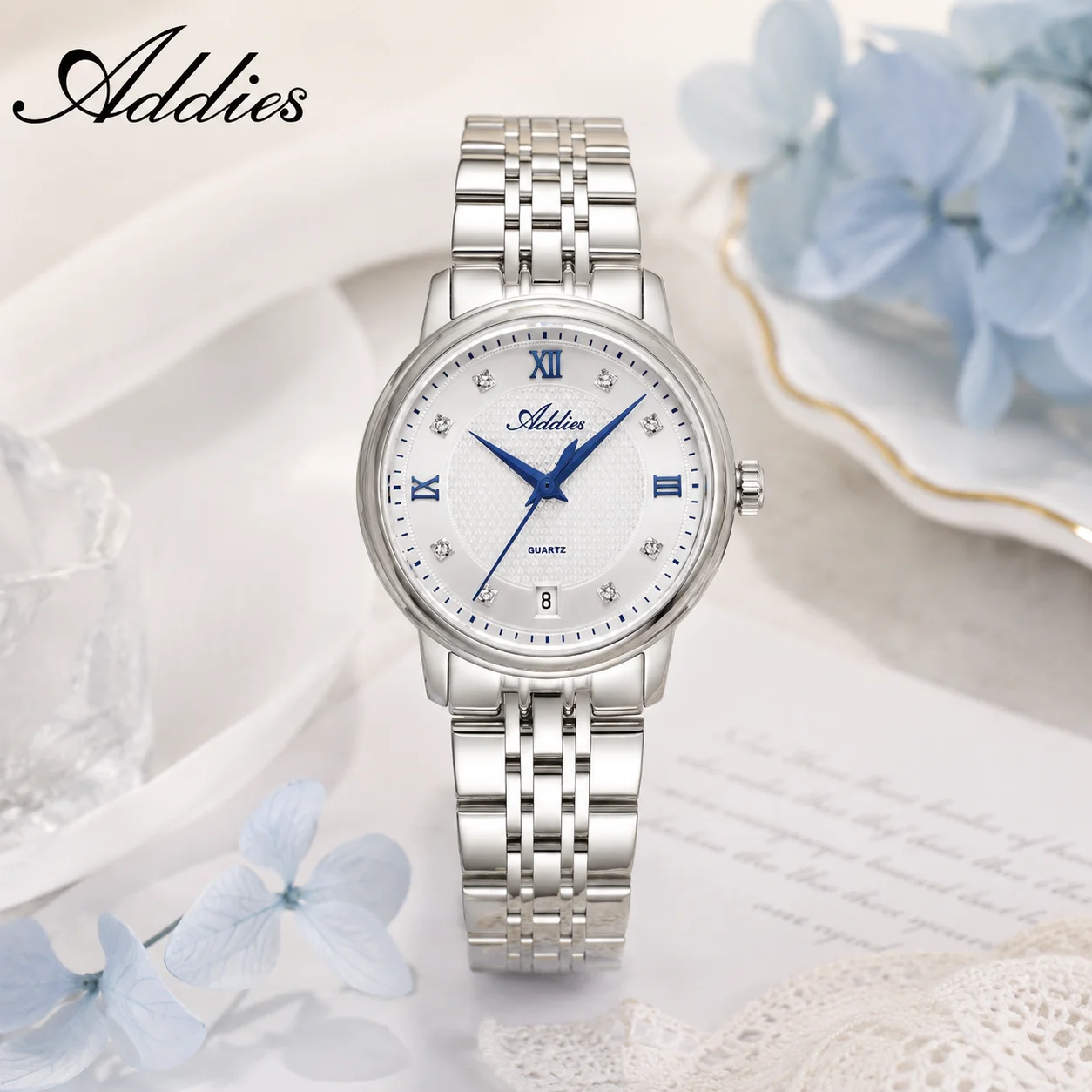 ADDIES Business Watch for Woman 50M Waterproof Sapphire Glass Czech Rhinestone Lady Quartz Watches Stainless Steel Wristwatch