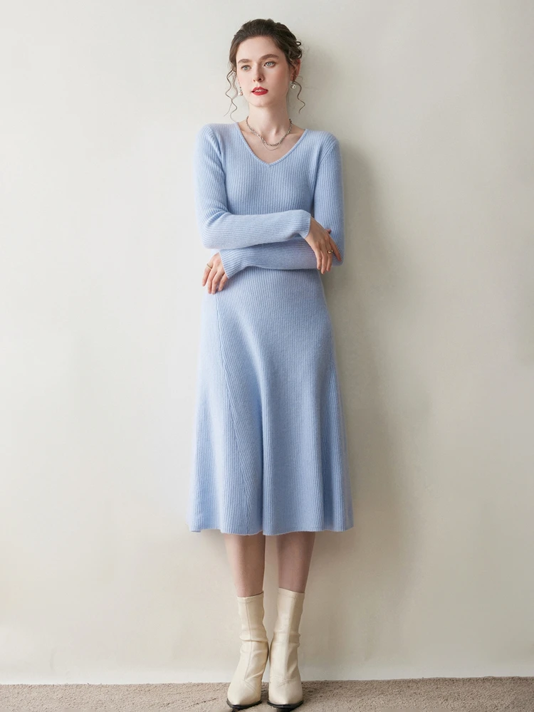 

Women's V-neck Cashmere Sweater Dress Office Lady Pullover Striped Slim Skirt Autumn Winter 100% Cashmere Knitwear A-Line Dress
