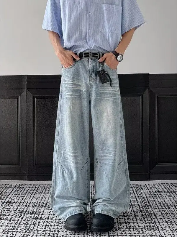 Trendy Men's Wide Leg Jeans Autumn Loose Casual Straight Washed Long Pants Design Sense American Style Versatile Classic
