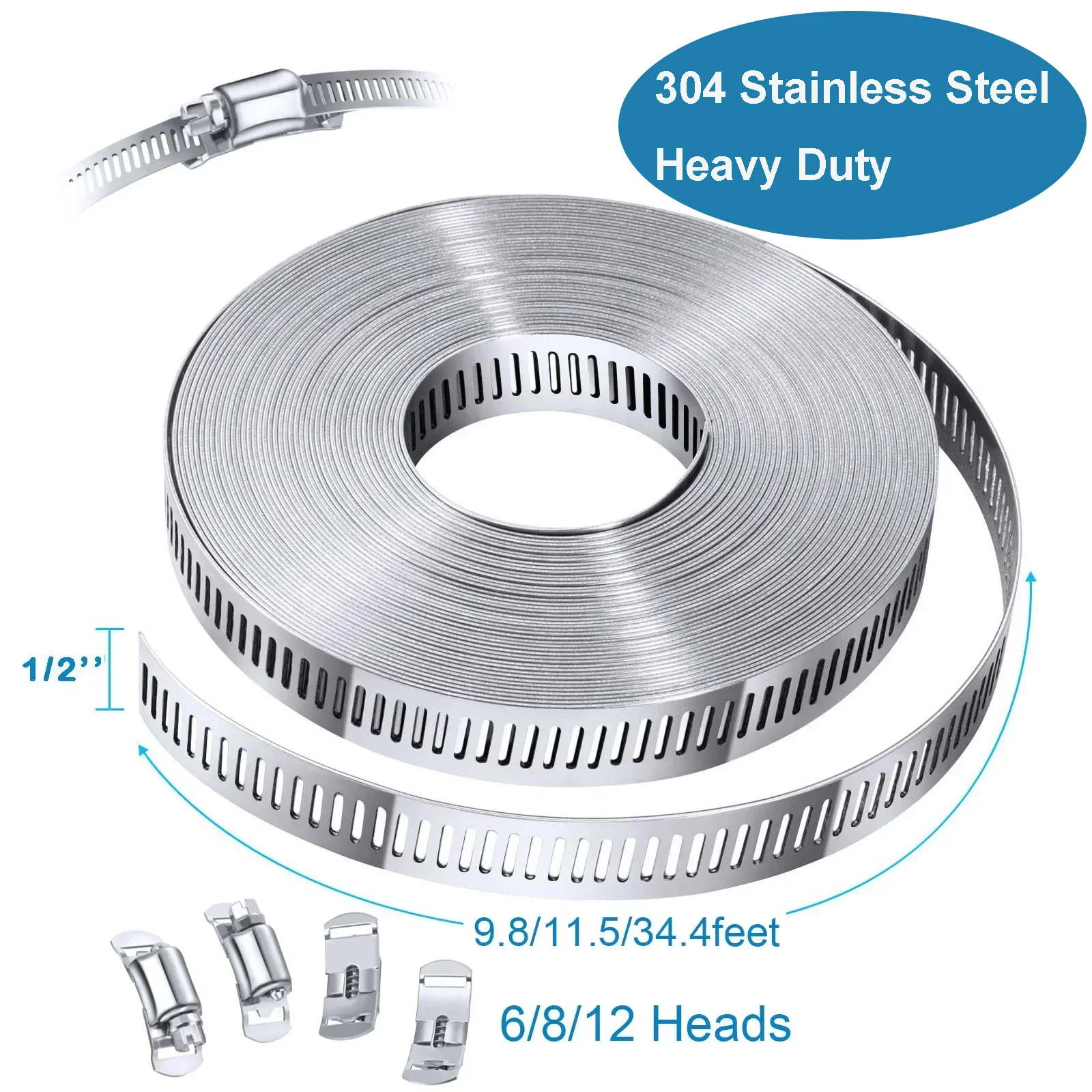 

9.8/11.5/34.4ft Adjustable 304 Stainless Steel Hose Clamps Strap with Fasteners Worm Gear Clip Plumbing Clamp Sturdy Clips Kit