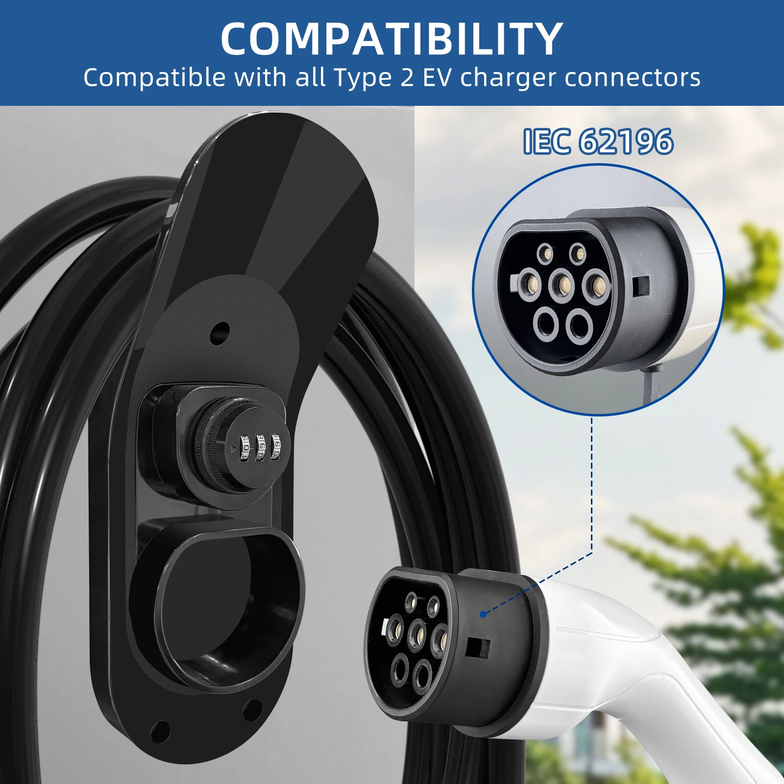 EVqiaoyi حامل شاحن سيارة كهربائية من النوع 2، مِحَق لخطوط الشحن مع قفل مضاد للسرقة، مقبس مُرَتَّب على الحائط لمقابس IEC 62196-2 #2
