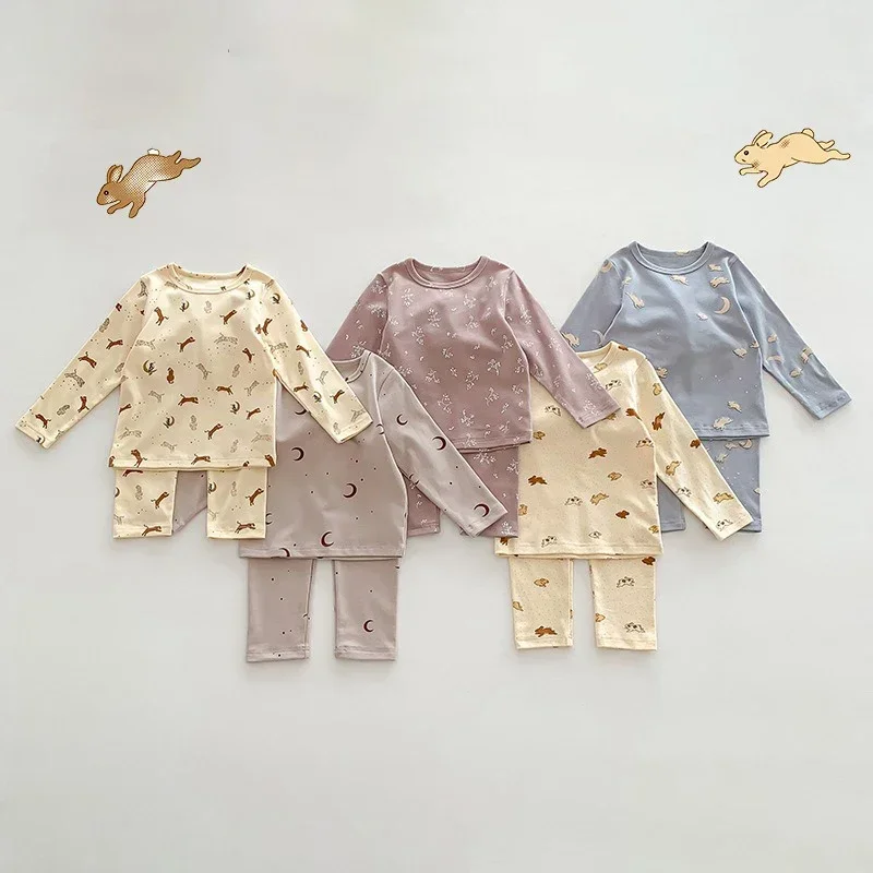 

New Baby Sleepwear Pajamas Set for Children Korean Girls Boy Round Neck Top and Bottom Kids Clothing Cotton Print Autumn Clothes